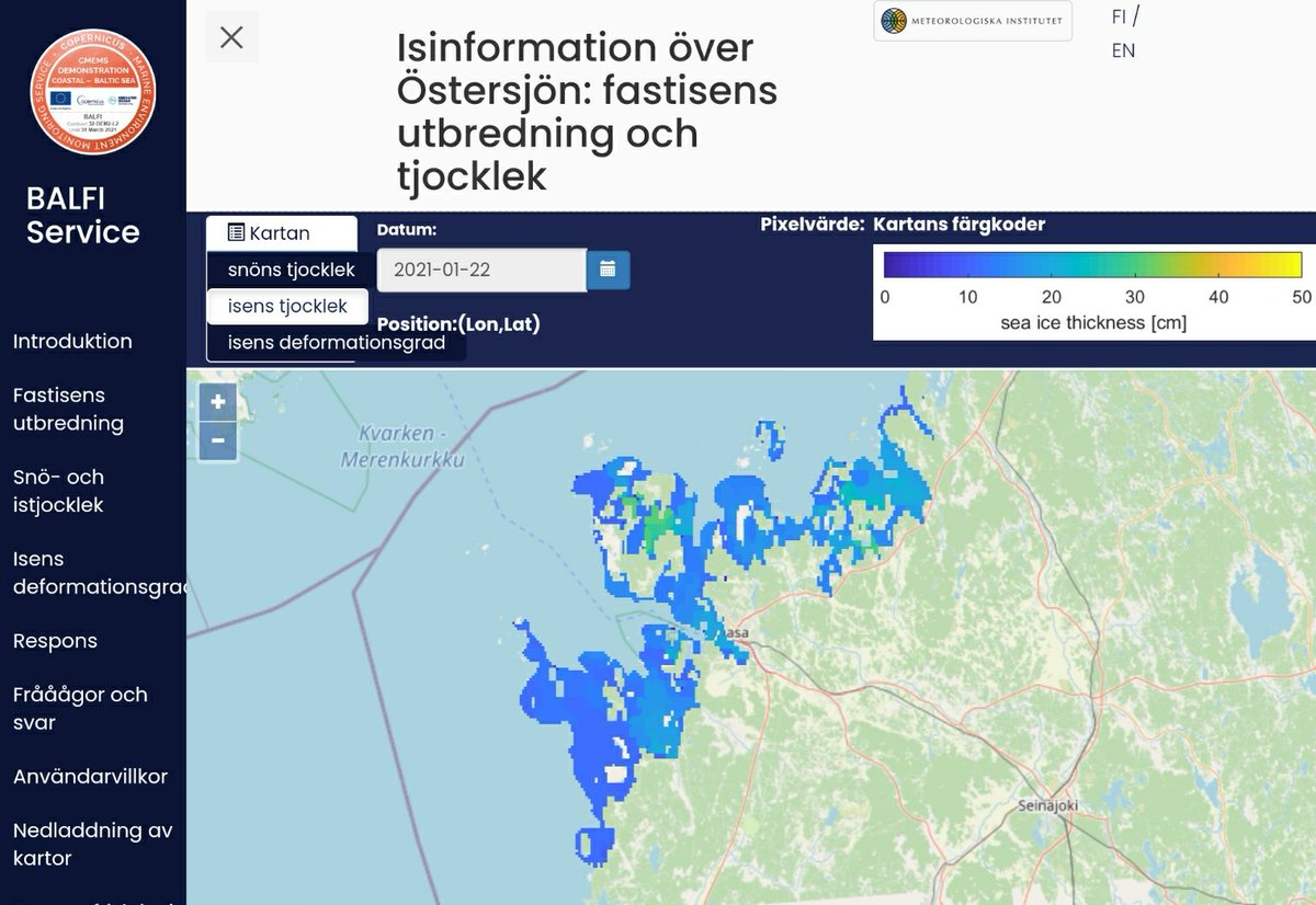 SmartSeaProject's tweet image. Jos lähdet jäälle, tarkista jäänpaksuus @FMI_Marine tuottamasta balfi.nsdc.fmi.fi palvelusta, betjäner också på svenska