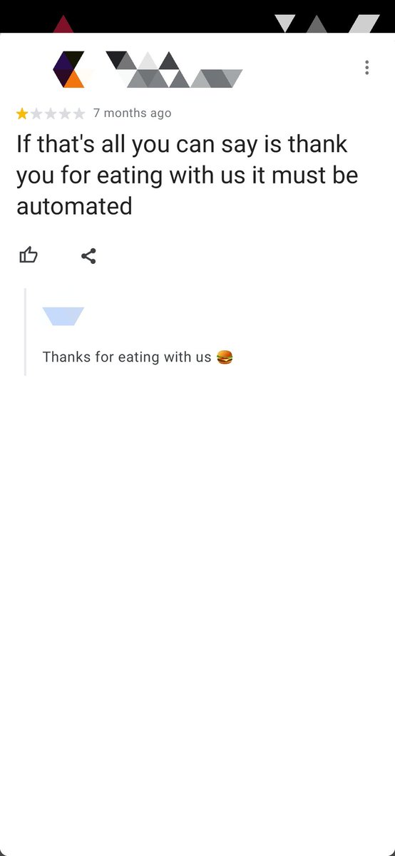 AnomaliesG's tweet photo. Thanks for eating with us 🍔 
973 reviews 4.4 stars 265 replies with 👆😂 https://t.co/7GUKYstmPI