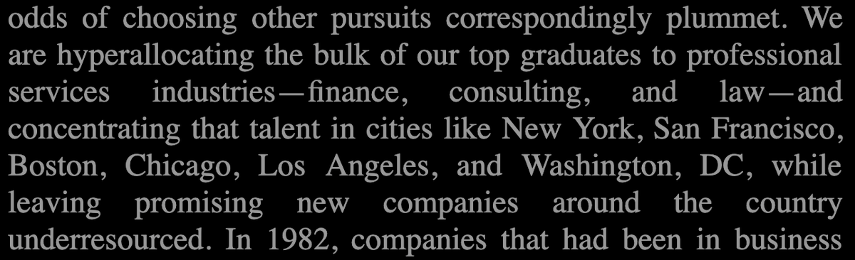 Yang started a national org and wrote his first book claiming that the concentration of high-paying finance, consulting, and law jobs in cities like NYC is a big problem, and startups are the best answer. Does he still think this? Would he want to shrink those industries here?