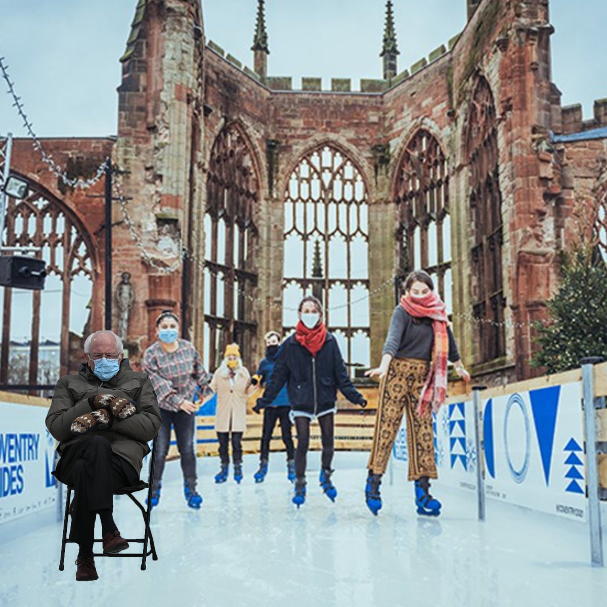 Bernie Sanders with his mittens at the inauguration, overlaid onto a shot of people skating at Coventry Glides