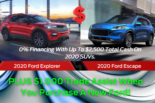 DaveSinclair's tweet photo. Huge SUV Specials this weekend at Dave Sinclair Ford.  You can get 0% financing and up to $2,500.00 Total Cash PLUS $1,000 Trade Assist Appreciation when you purchase a new Ford vehicle this month!

New Ford Deals - https://t.co/wChOdCrMTq https://t.co/pKthhaw55e