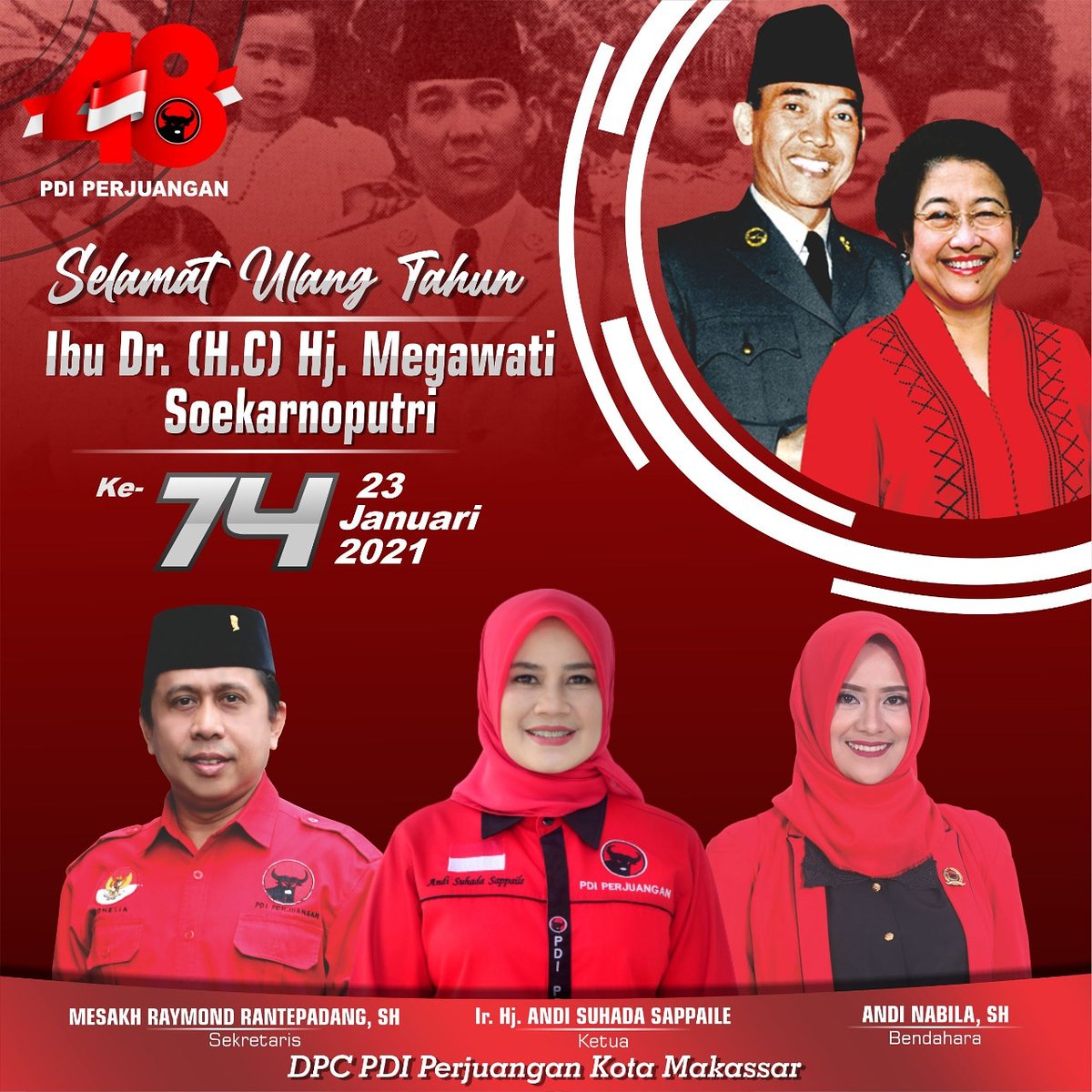 dpc_pdipmks's tweet photo. Keluarga Besar PDI Perjuangan Kota Makassar mengucapkan Selamat Ulang Tahun Ibu Dr. (H.C) Hj. Megawati Soekarnoputri  yang ke-74 Tahun @PDI_Perjuangan
#DirgahayuBuMega #SelamatUltahBuMega #RawatBumi #PDIPerjuanganSolidBergerak #PDIPMakassarPeduliJeneberang #SungaiJalanPeradaban https://t.co/GNAv5kUULK