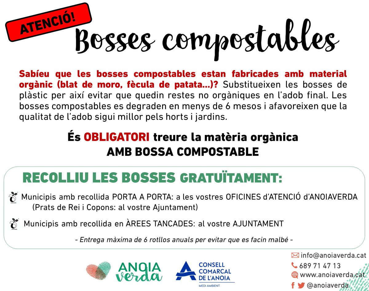 anoiaverda's tweet photo. ♻Les BOSSES COMPOSTABLES són d'ÚS OBLIGATORI per la recollida de la matèria orgànica #portaaporta i en les àrees tancades.

👉👉Les pots anar a recollir gratuïtament a l'Oficina d'atenció d'@Anoiaverda o al teu Ajuntament. Informa't aquí 👇 per saber on has d'anar. https://t.co/OK2OnP1WtM