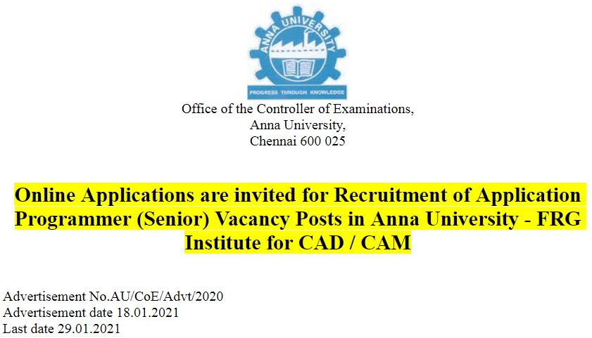 tngovernmentjob's tweet image. அண்ணா பல்கலையில் கம்ப்யூட்டர் புரோகிராமர் #வேலை
#ApplicationProgrammer Employment Notification Anna University #tngovernmentjobs
tngovernmentjobs.in/2021/01/anna-u…