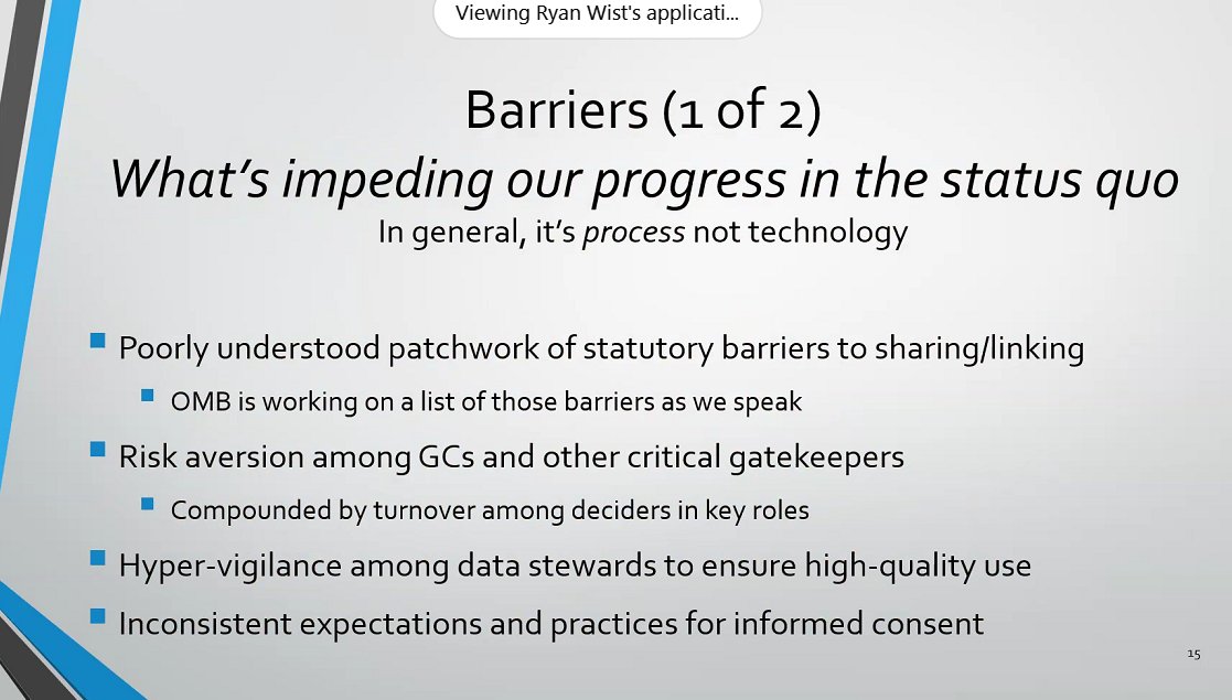 NickRHart's tweet image. Matt Solder/ ED #Evaluation Officer: "what's impeding our progress...is not necessarily a technological solution...it's human solutions" to better use data. Cites #EvidenceAct chipping away at those barriers. / 13