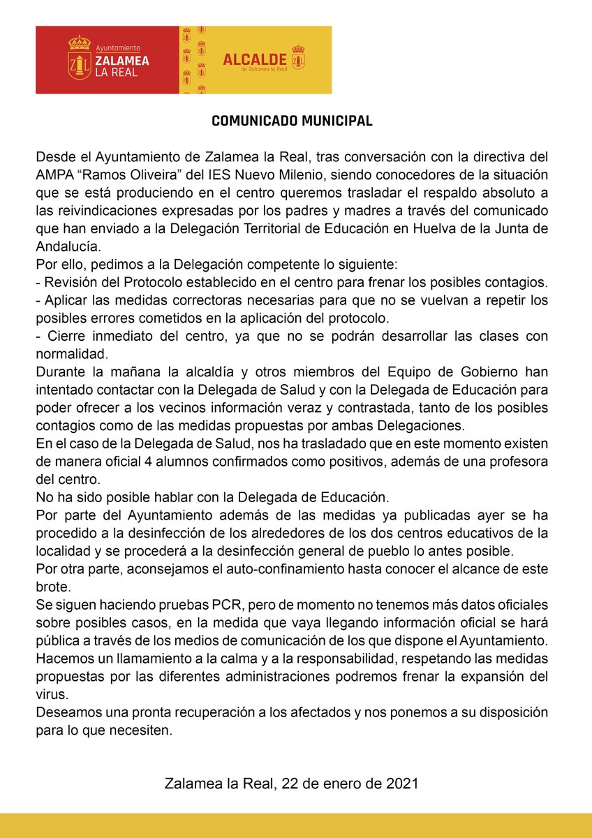 DeZalamealaReal's tweet photo. COMUNICADO CONJUNTO DEL AMPA "ANTONIO RAMOS OLIVEIRA" Y EL AYUNTAMIENTO DE ZALAMEA LA REAL https://t.co/w9wg4nXGM5
