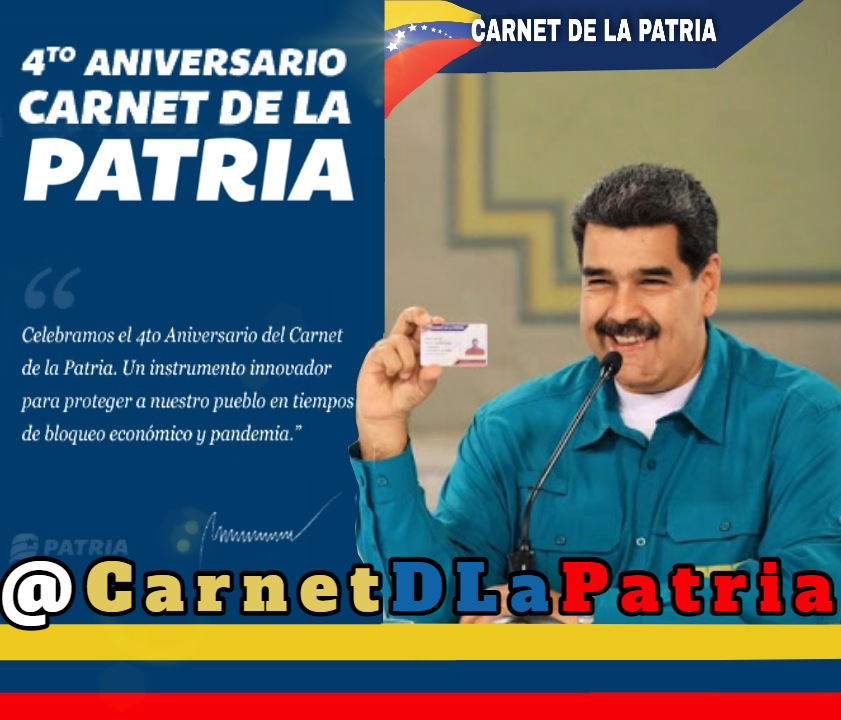 CarnetDLaPatria's tweet photo. Continua la entrega del Bono 4to Aniversario del Carnet de la Patria enviado por nuestro Pdte.@NicolasMaduro a través del Sistema @CarnetDLaPatria. 

#4AñosCarnetDeLaPatria

La entrega tendrá lugar entre los días 21 al 31 de enero de 2021.

#ElEsequiboEsDeVenezuela https://t.co/7HejWwawNW