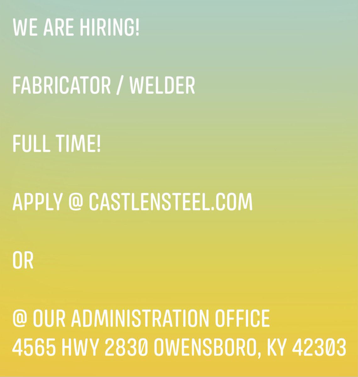 Fabricator / Welder position! 
Don’t miss this opportunity! 
Contact us today!