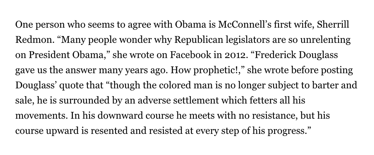 McConnell aides fumed all winter about that Obama line. fwiw, some Biden and Obama aides think that's not true.1 person who agrees w/ that the GOP in congress were more obstructive b/c of his race? McConnell's first wife (who is now an Elizabeth Warren-supporting MA liberal)