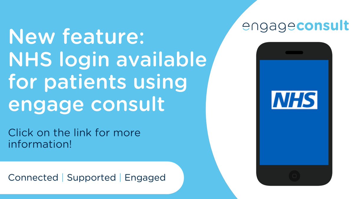 engagehealth's tweet image. Exciting news! We've just launched a new feature which allows patients to log in to Engage Consult using their NHS Login. Follow the link below to find out more - ow.ly/oiqC50DfwSh
#onlineconsultation #digitalhealthcare #nhs #nhslogin #engageconsult