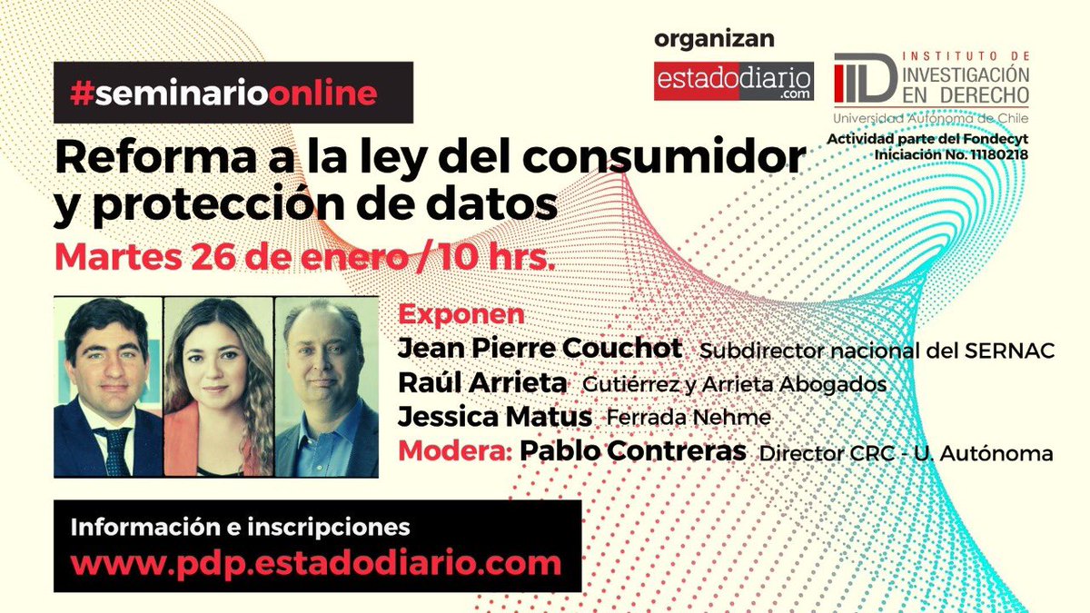 Está a punto de salir del Congreso una reforma que busca proteger los datos personales de los consumidores. 
Junto a los capos de @estadodiariocl, tenemos este seminario el próximo martes 26/1, con J.P. Couchot, R. Arrieta y @SrtaMatus. Los esperamos! pdp.estadodiario.com