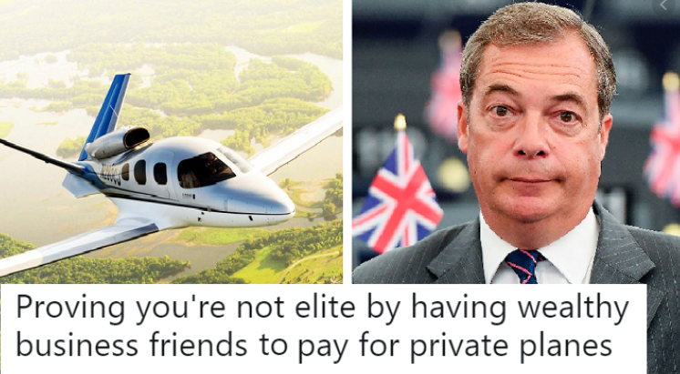 (9) Nigel Farage, former British eurosceptic MEP who often railed against a 'Brussels elite', has used a private jet to attend the plenary sessions in Strasbourg, earned up to €420,000 in outside income as well, mostly from lucrative broadcast contracts  https://euobserver.com/institutional/144032