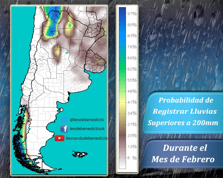 leodebenedictis's tweet photo. Buen viernes!! Hoy nos adelantamos un poco y vamos viendo la perspectiva para el mes de febrero, analizando el % de probabilidad de superar ciertos umbrales de acumulado de lluvia (50/100/150/200mm) a lo largo del mes de febrero https://t.co/hGnyJn5D55