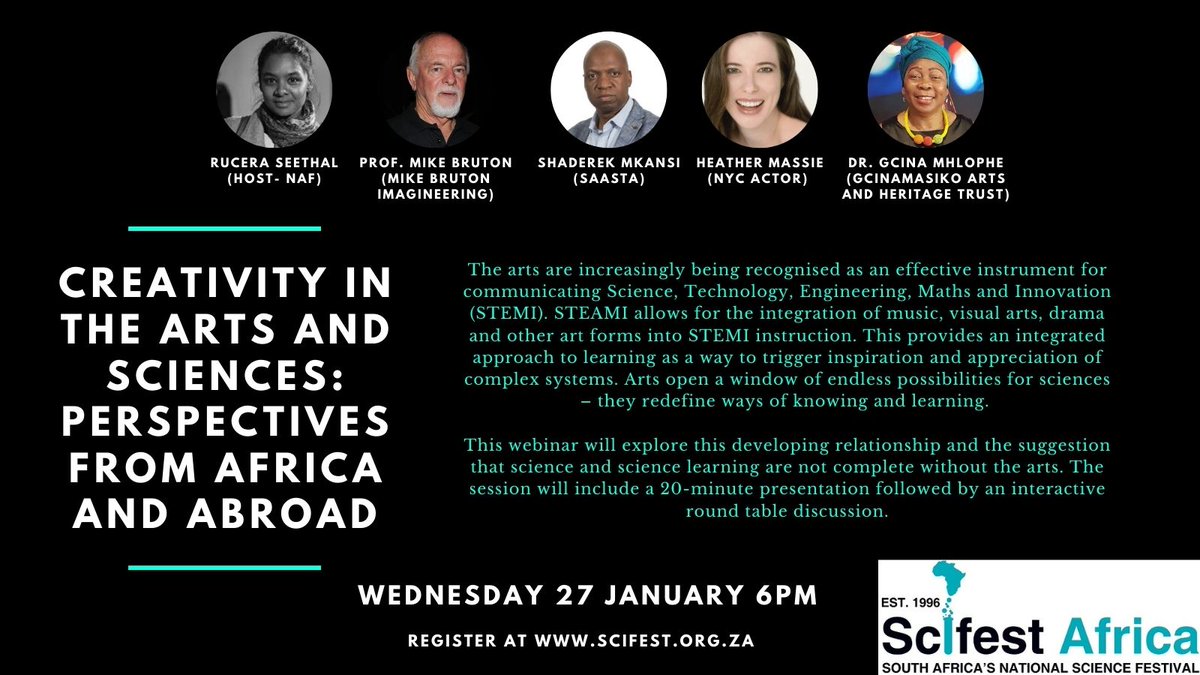 GhtScifest's tweet photo. Webinar: “Creativity in the Arts and Sciences: Perspectives from Africa and Abroad” on Wed 27 Jan at 6pm
With Rucera Seethal (@artsfestival), Prof Mike Bruton (Mike Bruton Imagineering), Shadrack Mkansi (@NRF_SAASTA), @HeatherMMassie and @gcinamhlophe5
https://t.co/Z8KqIQNcn0 https://t.co/XnX1pGKPFL