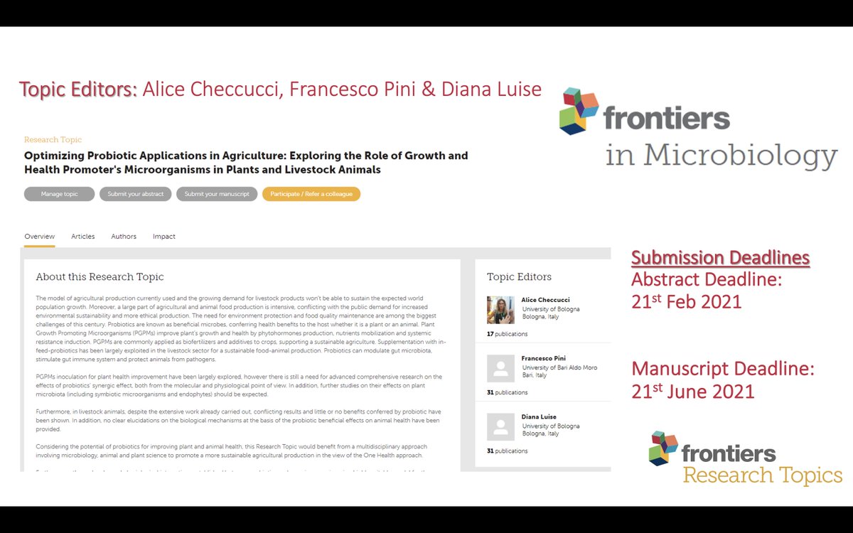 Alice Checcucci (@alymischa) on Twitter photo We are pleased to share our #ResearchTopic focusing on Probiotics' Applications in Agriculture!
Let's explore the role of growth promoters🦠in plants☘️and livestock animals🐷!
<a href="/FrancescoPini7/">Francesco Pini</a> #DianaLuise @UniboMagazine <a href="/unibait/">Uniba.it Aldo Moro</a> <a href="/FrontMicrobiol/">Frontiers - Microbiology</a> <a href="/FrontiersIn/">Frontiers</a>
frontiersin.org/research-topic… We are pleased to share our #ResearchTopic focusing on Probiotics' Applications in Agriculture!
Let's explore the role of growth promoters🦠in plants☘️and livestock animals🐷!
<a href="/FrancescoPini7/">Francesco Pini</a> #DianaLuise @UniboMagazine <a href="/unibait/">Uniba.it Aldo Moro</a> <a href="/FrontMicrobiol/">Frontiers - Microbiology</a> <a href="/FrontiersIn/">Frontiers</a>
frontiersin.org/research-topic…