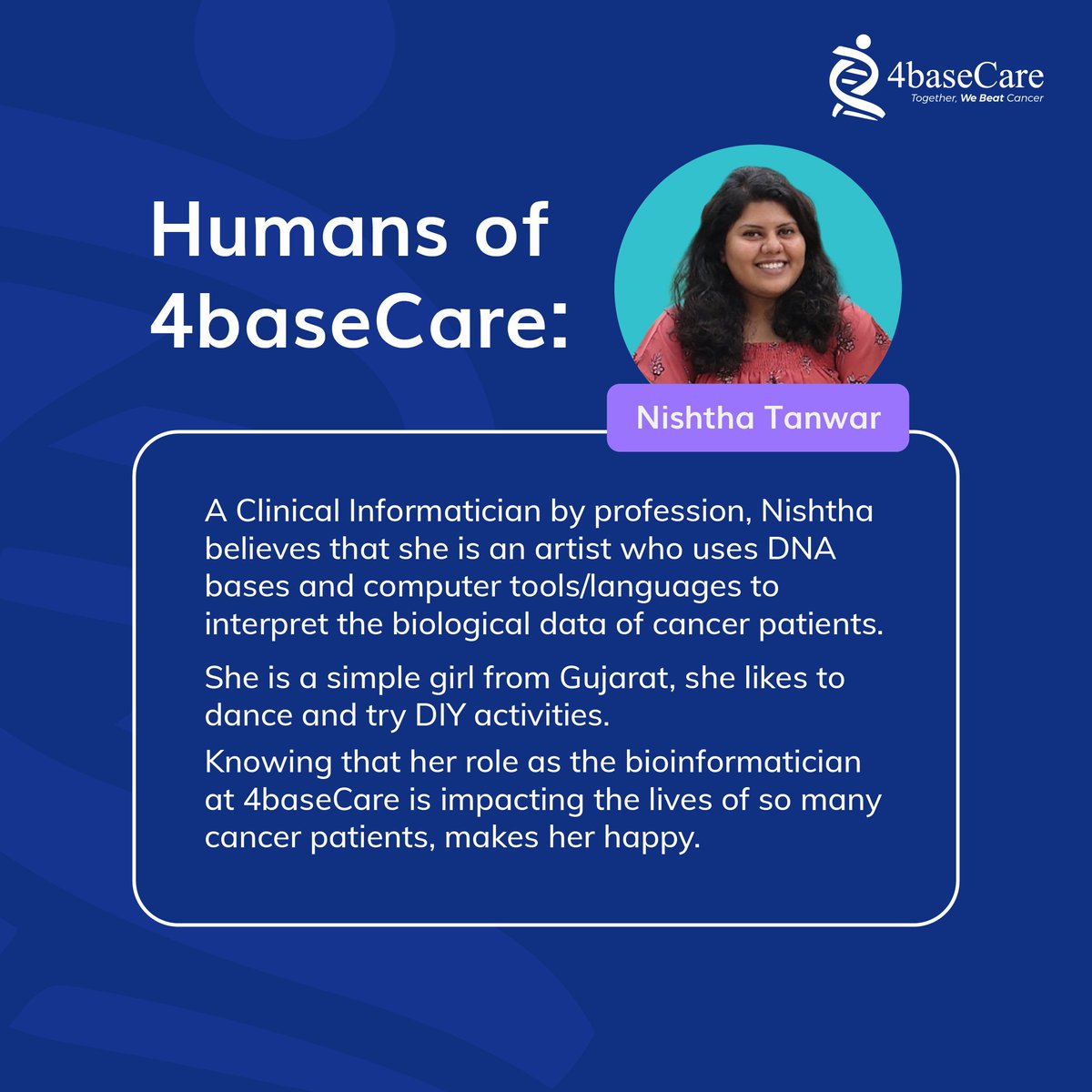 4baseCare's tweet photo. Have you met @Nish_Tanwar
#Humansof4baseCare 

Extremely dedicated, diligent and never backs down from proving her significance in our ecosystem. 

#EmployeeStories #HR #4baseCare #TogetherWeBeatCancer https://t.co/vFQZg8NCnD