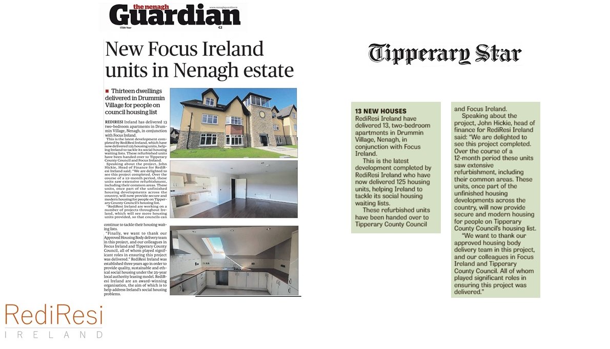 RediResiIreland's tweet photo. Some media coverage of our recent handover of 13, two-bedroom apartments in Drummin Village, Nenagh this week in the @NenaghGuardian; @TipperaryLive and @TippFM  

#Housing #Nenagh #SocialHousing https://t.co/56zPWNZwMr