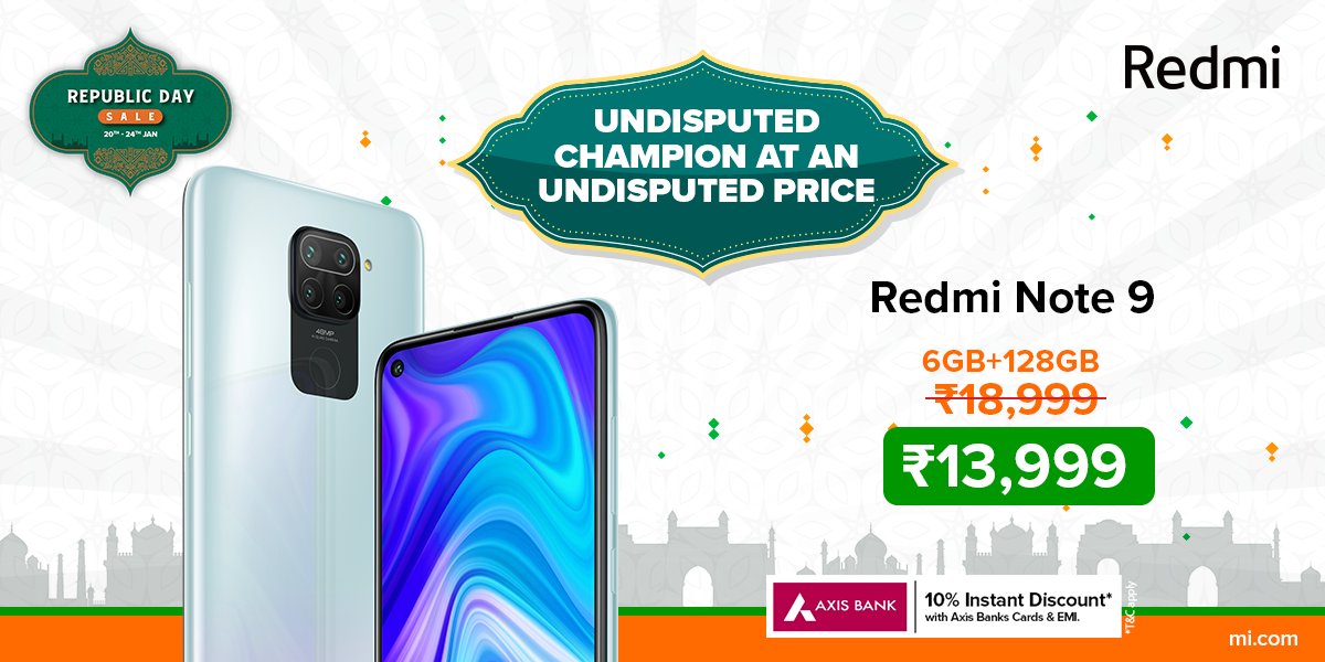 RedmiIndia's tweet photo. #UndisputedChampion calls for undisputed savings! 

Buy the #RedmiNote9 6GB+128GB for just ₹13999 on https://t.co/cwYEXeds6Y! 

Buy here: https://t.co/tswigtkv6F https://t.co/aJxjQGhjJp