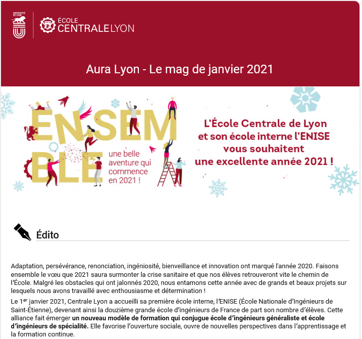 CentraleLyon's tweet photo. [#Newsletter] Le numéro de janvier d'AuraLyon, la newsletter de Centrale Lyon, est sorti ! Au sommaire : l'arrivée d’@ENISaintEtienne, pour de belles perspectives ensemble... #ScienceOuverte #SmartAnswer #Surfab #transitions @worldwine_women 

➡️https://t.co/auLHf0WWg3 https://t.co/ooUzOAnrKv