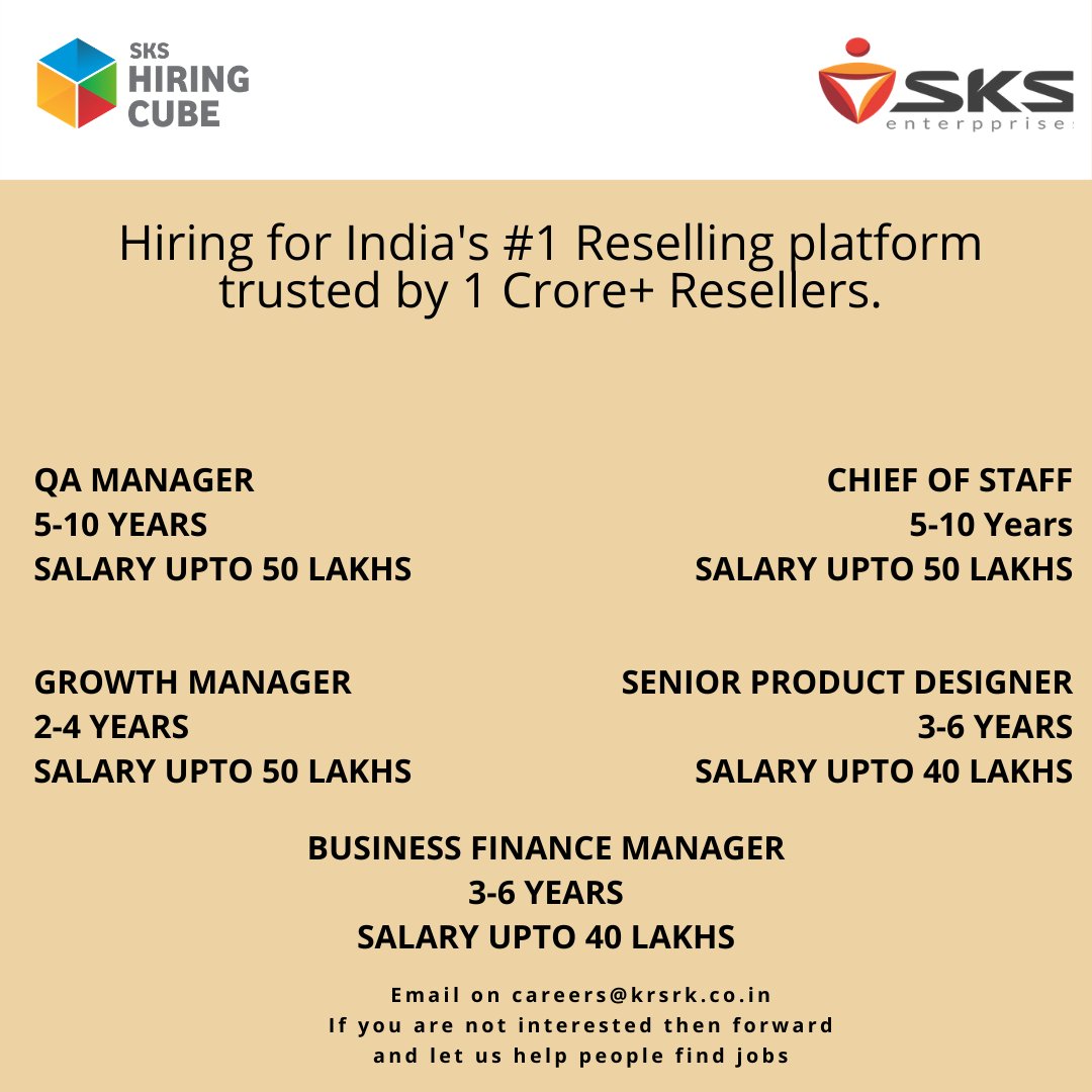 sksenterpprises's tweet photo. Hiring for India's first and only Reselling platform for resellers which is a Series D funded company based out of Bengaluru.
Email your profile on-> careers@krsrk.co.in
#sksenterpprises #skshiringcube #nowhiring #growthmanager #chiefofstaff #productdesigner #financemanager https://t.co/Jsuo0RSa5f