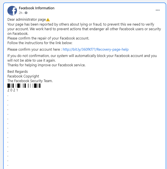 DICTSMakerere's tweet photo. Facebook scammers are targeting verified pages, if you click their links and put in your login details, they will take over your page. #BeAlert #ReportSuchLinks #LetOthersKnow @UgCERT @CERT_UG @UCC_Official @encryptUg @PollicyOrg @DliDigital https://t.co/FphJXqmwSS
