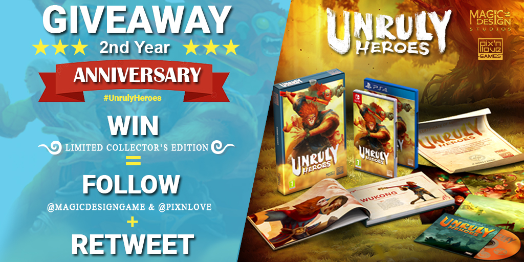 MagicDesignGame's tweet photo. #GIVEAWAY 🚨To celebrate #UnrulyHeroes 2nd Anniversary, ENTER TO WIN the Limited Collector's Edition #PS4 or #NintendoSwitch🎂

1⃣Follow us @MagicDesignGame and @Pixnlove 
2⃣RT 
🍀2 winners
⌛ Ends 25/1/21

#indiegame #contest #concours #win #prize #chance #winner #gift #gaming https://t.co/yrACyOIyRx