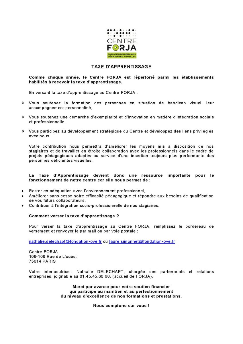 CrpForja's tweet photo. Comme chaque année, le @CrpForja @OveFondation  est répertorié parmi les établissements habilités à recevoir la taxe d’apprentissage. Merci par avance pour votre soutien financier. https://t.co/aIx6gpIENx https://t.co/TKw9g3xDgg