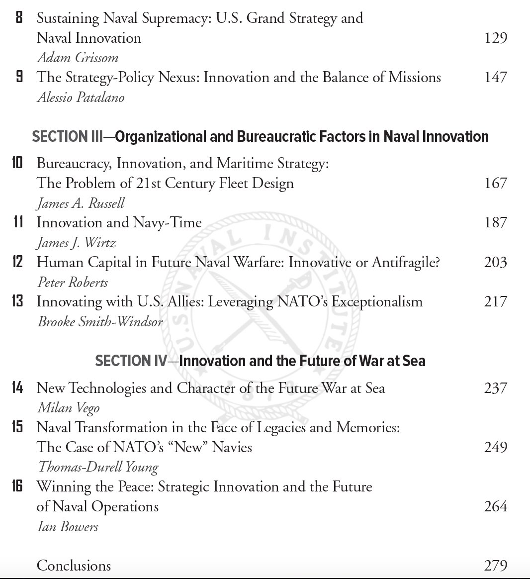 Good morning naval and innovation crowds. Just a few more details about the book that James Russell from  @NPS_Monterey and myself brought to life. Our goal was to cast a wider intellectual framework to understand what innovation is, does, and implies. Here’s the ToC: