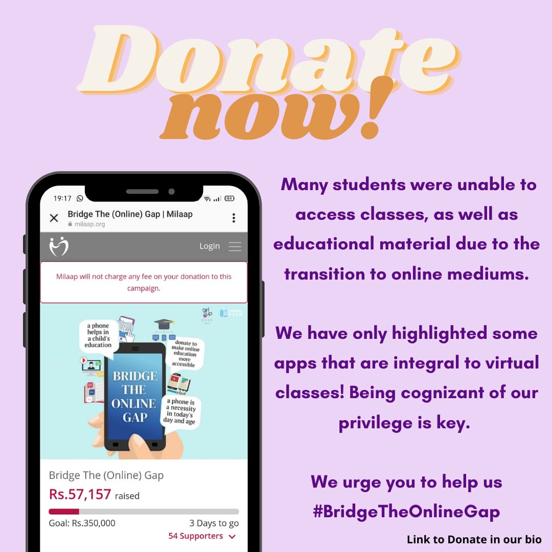 DEFindia's tweet photo. However, many students are still unable to access education due to the inability to afford a #digitaldevice.
Here are some applications that have become integral to online classes.
Help us #bridgetheonlinegap by donating - https://t.co/aHXLIdWVtP
#Milaap #DonateNow #DigitalDaan https://t.co/auamJ4gZRN