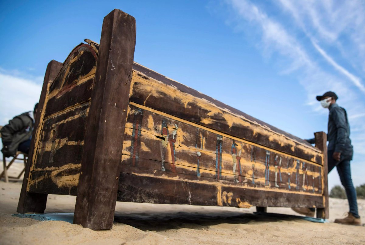 The recent discovery is the latest in a series of findings from  #Saqqara.Since September, researchers have found at least 160 human coffins buried below the sand, in shafts up to 40 feet deep. This latest trove brings that total up to 210 or more. #Egypt  #Discovery  #mummy