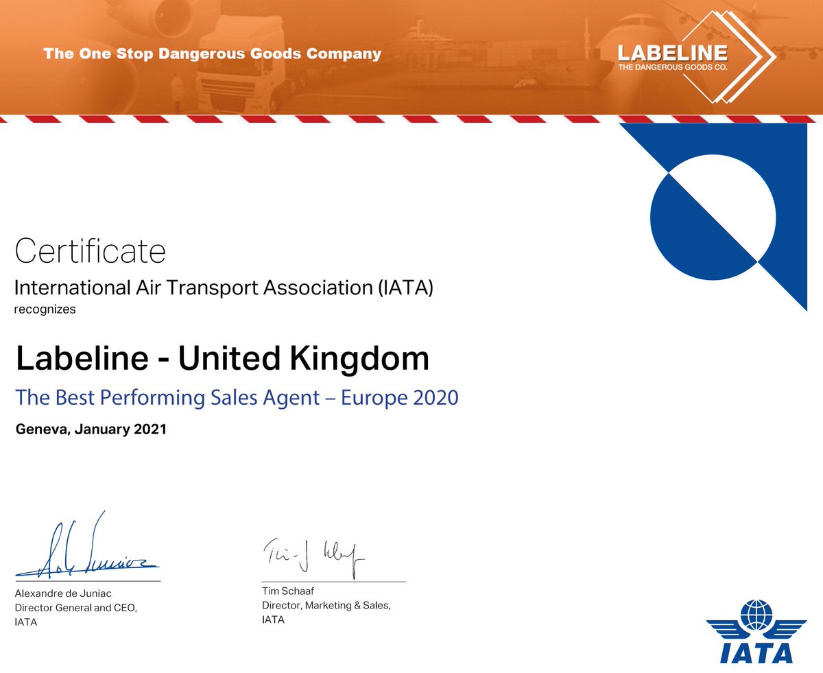 IATA's 2020 Best Performing Distributor 

We are very pleased to announce that we have been officially recognised as IATA's best performing approved Distributor Worldwide. This will be the 13th year that IATA has given Labeline this accolade.

#IATA #IATA_dangerous_goods