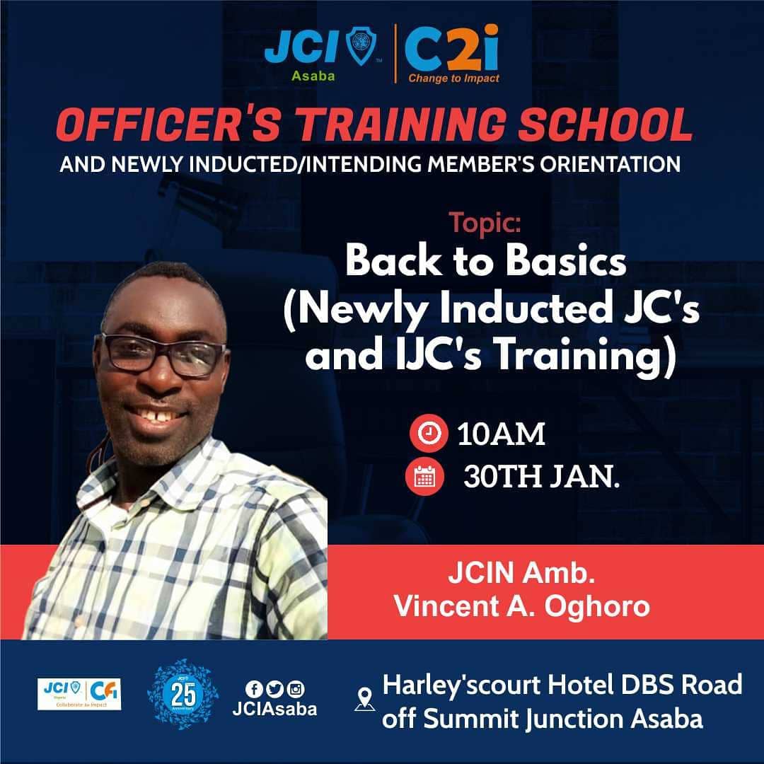 JCIASABA1's tweet photo. Join us on our hybrid Officer's training school/ newly inducted &amp; IJC's Orientation by renowned facilitator's.
Date: 30/01/2021

30th *PHYSICAL*
Venue: Harley'scourt hotel, DBS road off summit junction, Asaba.

Time: 10:00am prompt.

Dress code: Informal ( T-shirt on Jean ) https://t.co/GgM8N5wd5y