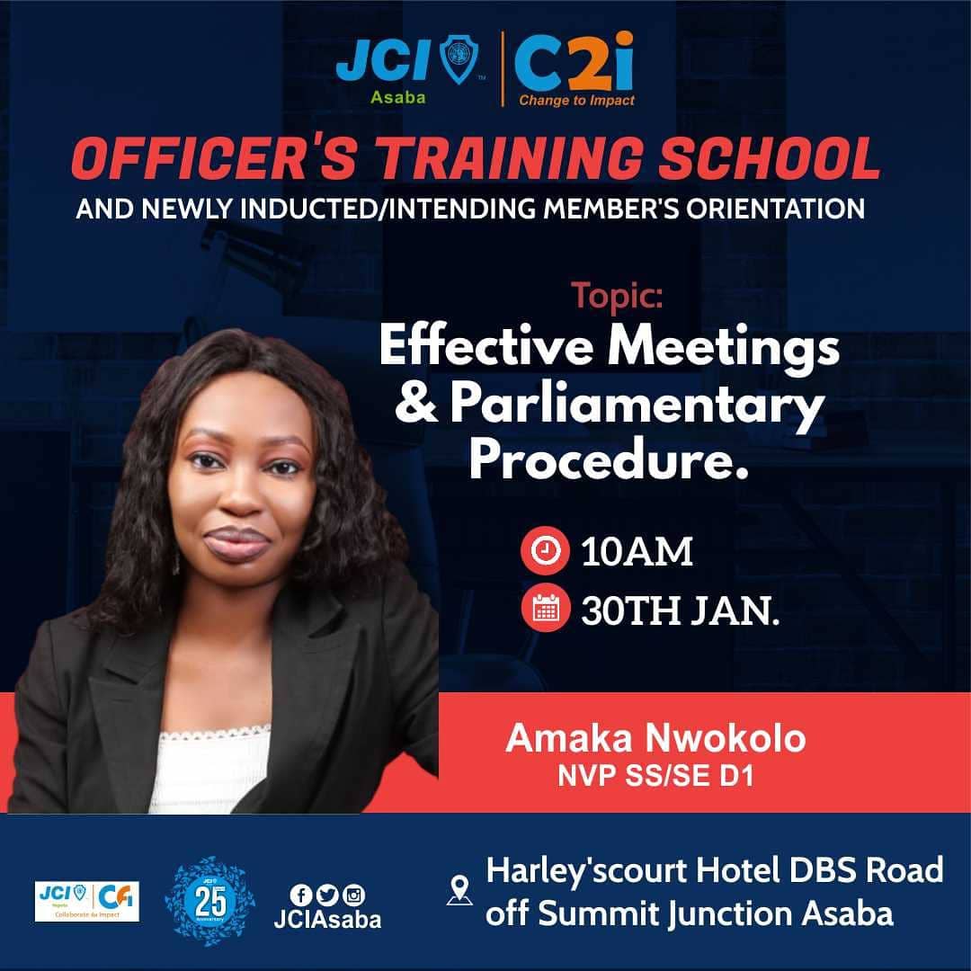 JCIASABA1's tweet photo. Join us on our hybrid Officer's training school/ newly inducted &amp; IJC's Orientation by renowned facilitator's.
Date: 30/01/2021

30th *PHYSICAL*
Venue: Harley'scourt hotel, DBS road off summit junction, Asaba.

Time: 10:00am prompt.

Dress code: Informal ( T-shirt on Jean ) https://t.co/GgM8N5wd5y