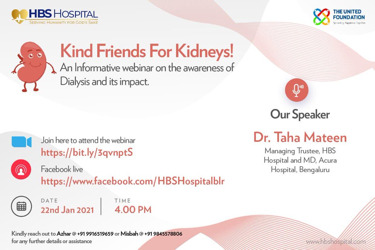 HBSHospitalblr's tweet photo. Kind Friends for Kidneys! Webinar by HBS Hospital to inaugurate Dialysis Support and Awareness Drive. 

Click the below link for live event:

https://t.co/TaJzVhKPPC https://t.co/uhgmVsEYE0