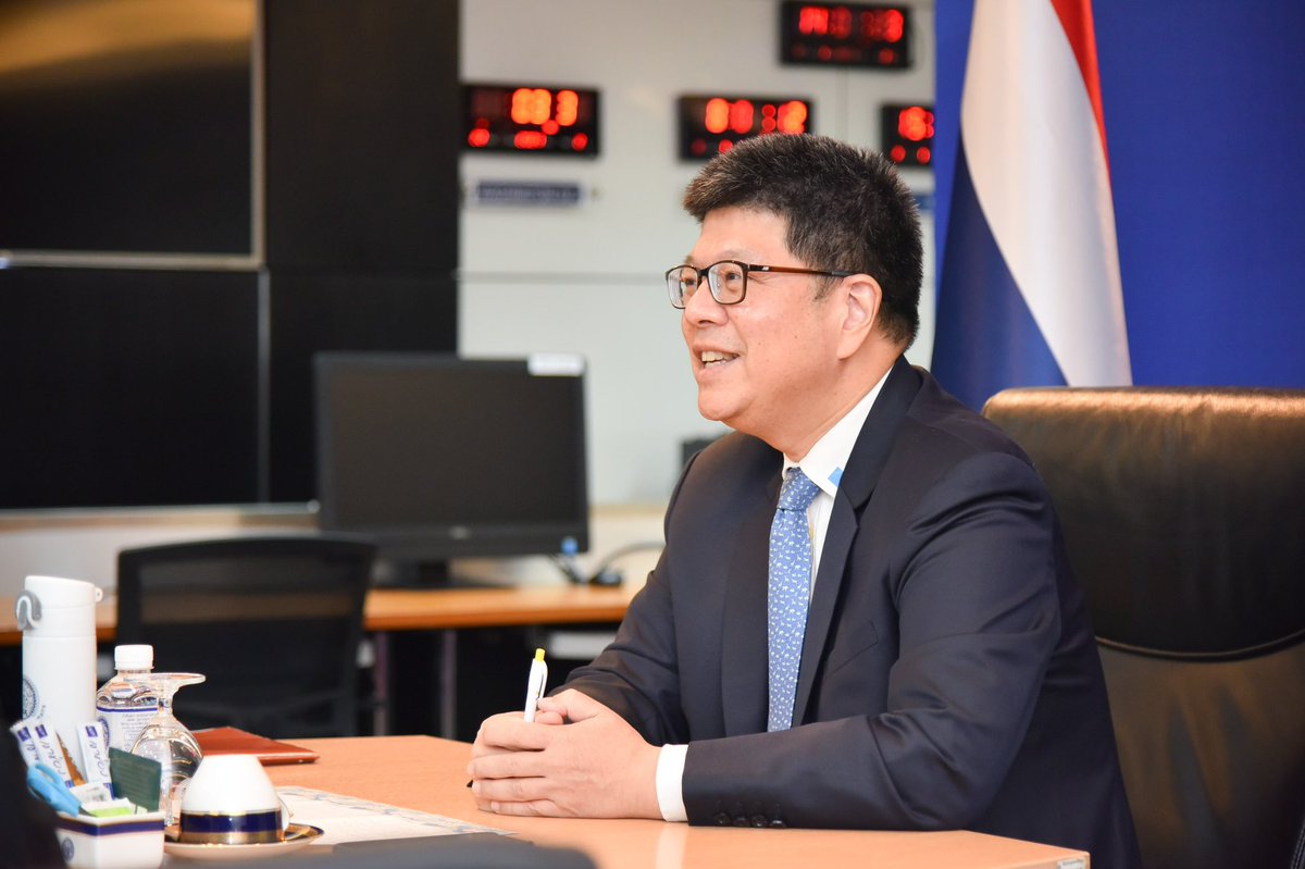 MFAThai's tweet photo. PS Thani reaffirmed to enhance cooperation with #Myanmar in particular public health, cross-border issues, post #COVID19 economic recovery, and closer cooperation on sustainable development in a virtual meeting with H.E. U Chan Aye, PS for Foreign Affairs of Myanmar today. https://t.co/GjzWEWFSPa