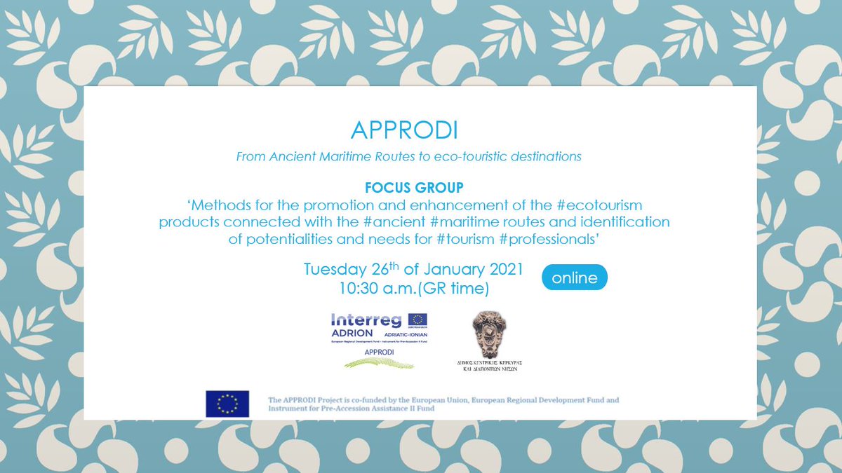 APPRODIproject's tweet photo. The Municipality of Central Corfu and Diapontia Islands
on 📅Tuesday 26th of January at 10:30 a.m. (GR time) organizes a FOCUS GROUP of tourism stakeholders and professionals under APPRODI project. 
To participate register here ➡️ https://t.co/GTFgignBec https://t.co/TmDXboBCYX