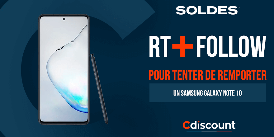 #Concours 🎁

Les #CdiscountSoldes continuent ! A gagner aujourd'hui, un Samsung Galaxy Note 10 : pick.aw/q2jwhIn

Pour tenter ta chance :

🔹 RT + Follow <a href="/Cdiscount/">Cdiscount</a>

🍀 TAS le 27/01