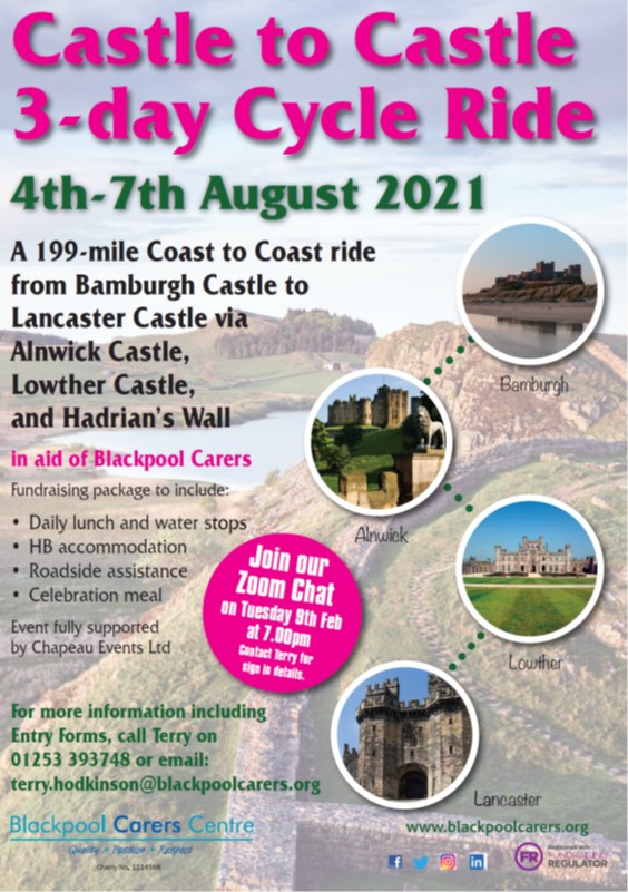 BlackpoolCarers's tweet photo. Ready for a #challenge? Ready for some fresh air and freedom? Join on our zoom chat on 9th February to find out all the details about our latest event, #CastletoCastle (Coast to Coast)! π²
Email terry.hodkinson@blackpoolcarers.org for more details. #Carers @cyclechapeau https://t.co/WpGVXeURyH