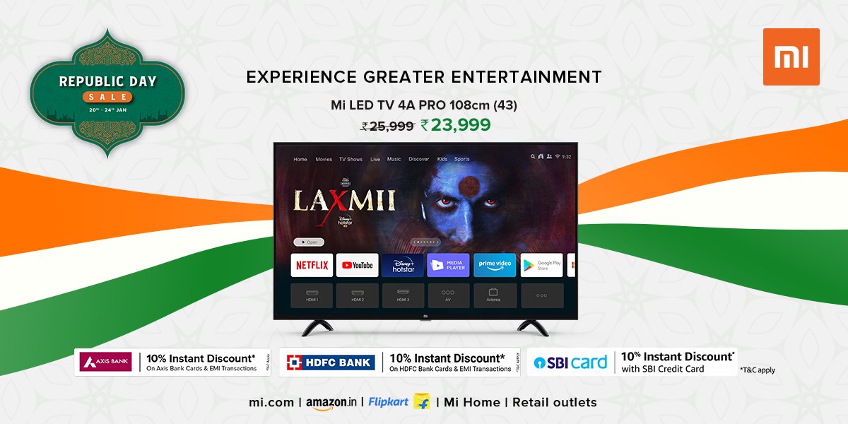 XiaomiTVIndia's tweet photo. Wait no more! get your favourite #MiLEDTV 4A pro 43 at just ₹23,999.
Avail 10% instant discount with
@AxisBank cards on https://t.co/9TUcV2lDHo.
@TheOfficialSBI credit cards on @amazonIN.
@HDFC_Bank cards on @Flipkart.
Buy now: https://t.co/fpoKGUuV4c https://t.co/WOJpHBugI6