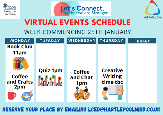 Lets_Connect_ED's tweet photo. Here's some of our virtual get togethers planned next week, with more being added. If you're unsure about video calling or zoom don't worry we can help you with this before joining a group, just get in touch with our friendly team #letsconnecteastdurham #mutualaid #puthekettleon https://t.co/cJI0Tk6FmU