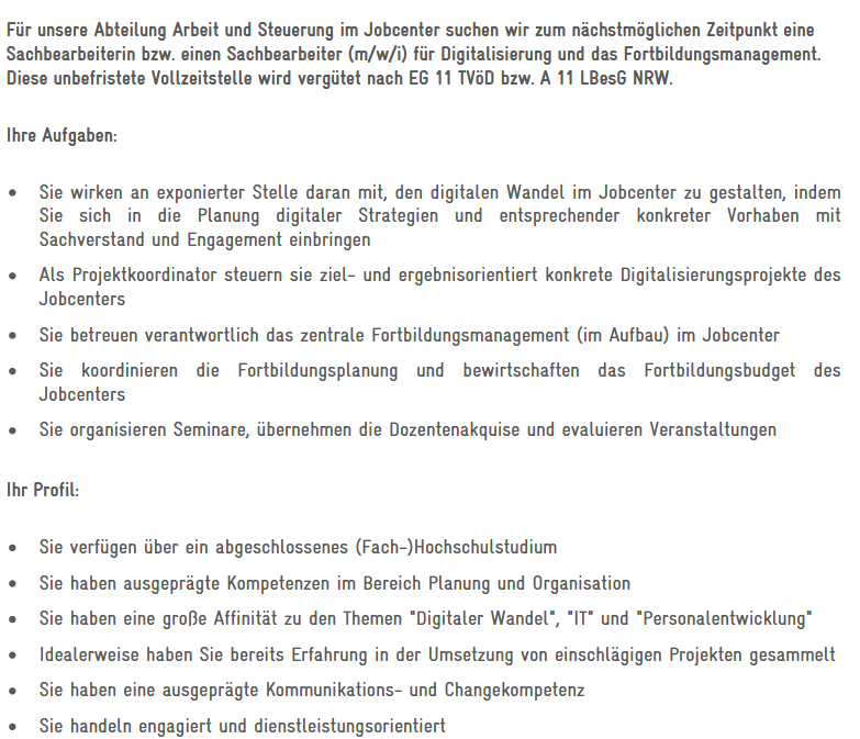 #Jobcenter_Kreis_Guetersloh Wir suchen tatkräftige Unterstützung, um die Digitalisierung und Personalentwicklung im #Jobcenter weiter voranzutreiben! Zur Stellenausschreibung geht es hier: interamt.de/koop/app/stell…