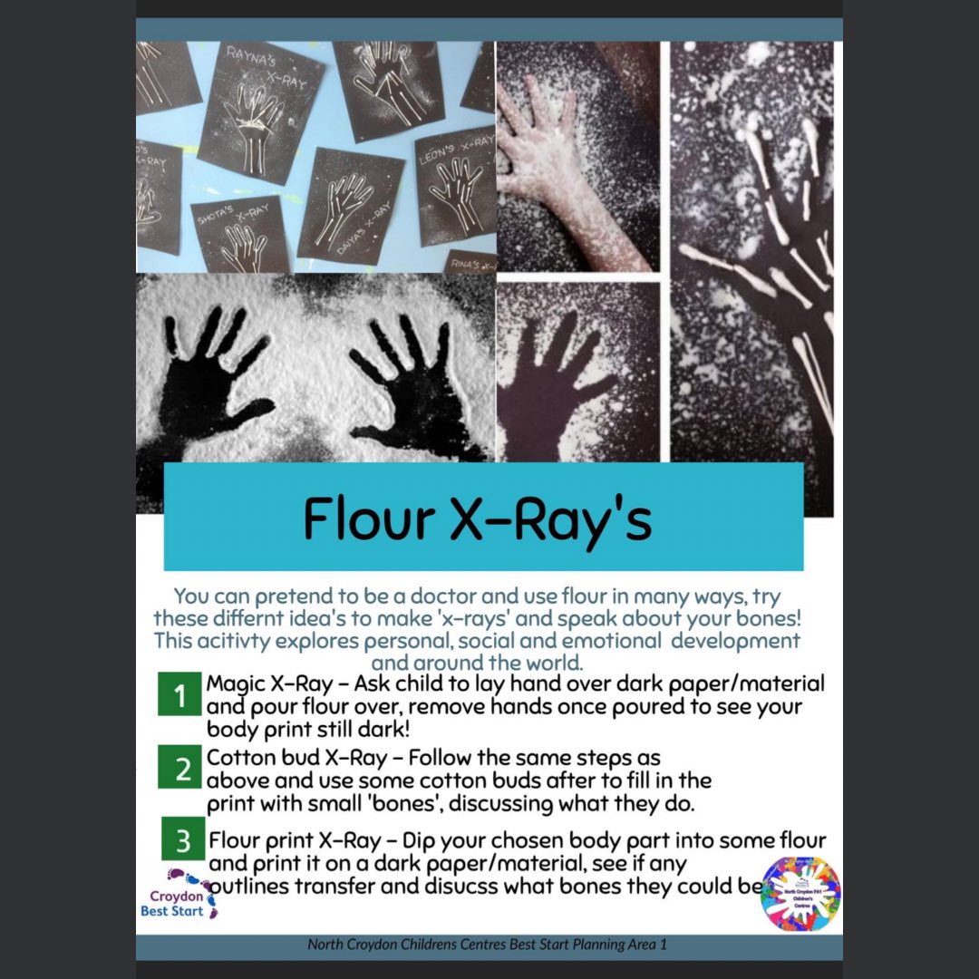 NorthCroydonCC's tweet photo. Here is a fun sensory activity when thinking about people who help us in hospitals. What marks can you make in the flour?
.
.
#sensoryplay #messyplay #flour #xraycraft #peoplewhohelpus #bones #body https://t.co/46FcrwD2Pb