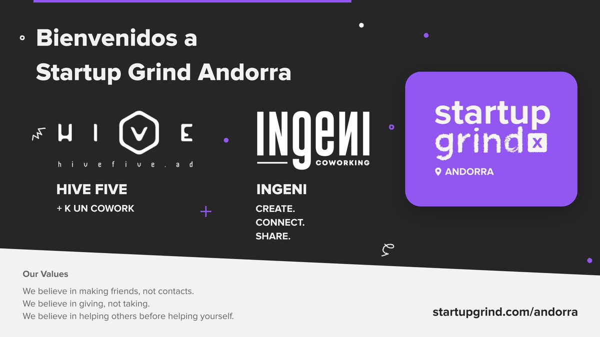 Damos la bienvenida y agradecimiento a nuestros nuevos partners <a href="/IngeniCW/">🅸🅽🅶🅴🅽🅸</a> y Hive Five a la familia de Startup Grind Andorra. Juntos buscamos potenciar y fortalecer el ecosistema emprendedor del país.

#partnerships #andorra #startupgrind #emprendedores #coworking