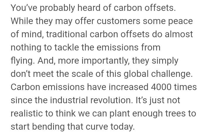 their solution, along with better fuels and greater efficiency, is to offset the rise in emissions by making airlines out money into climate-friendly projects. here's what the CEO of one of the world's biggest airlines says about offsets: