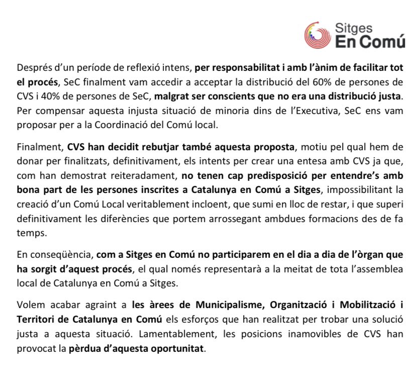 sitgesencomu's tweet photo. 🗞Després de molts intents, lamentem donar per finalitzada la possibilitat d’entesa amb Comuns Verds de Sitges per crear l’executiva local de Catalunya en Comú.

Llegeix aquí el nostre comunicat 👇 https://t.co/sVjU1QZsEw