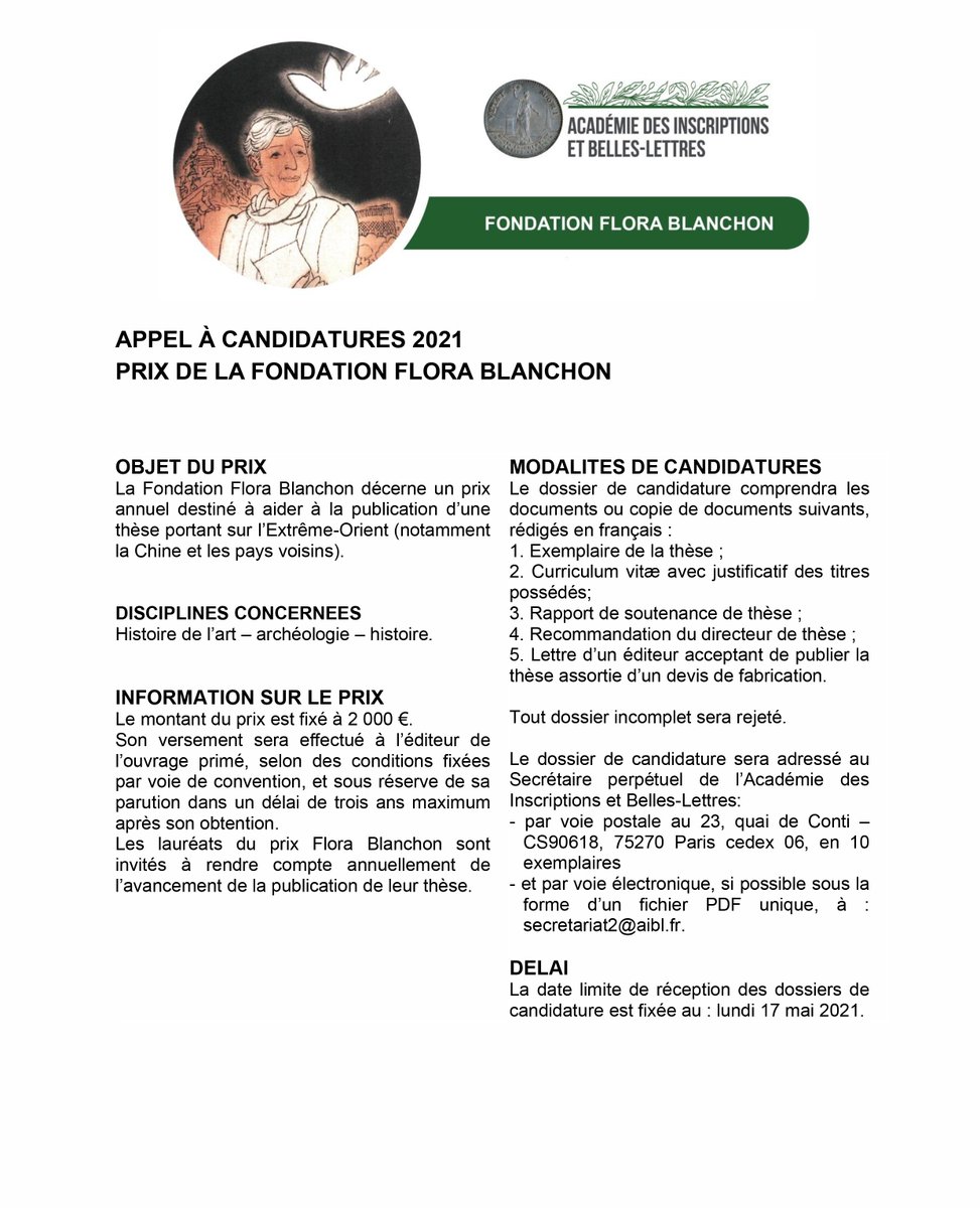 Academie_IBL's tweet photo. Fondation Flora Blanchon @Academie_IBL https://t.co/20iAepmWKO > adressez votre dossier de candidature pour le prix ou les bourses 2021 d'ici le 17 mai. #histoiredelart #archeologie #histoire #patrimoine #ExtremeOrient #Chine #sinologie #Tibet #Japon #Inde #Cambodge #Vietnam https://t.co/hH9Ayog4nI