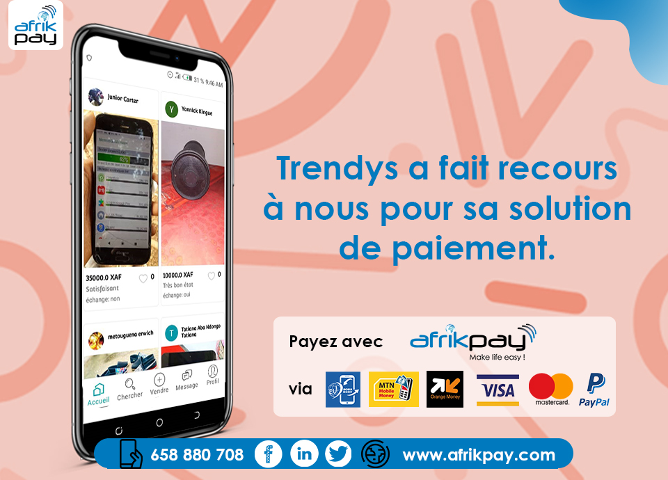 afrikpay's tweet photo. Trendys Store l'application mobile d'achat et vente en ligne 100% camerounaise nous a fait confiance pour ses solutions de paiement.👌
Et vous? Quand est-ce que vous allez professionnaliser votre E-commerce?😏

#nobarriers
#fullstacks
#useafrikpay
#paywithafrikpay https://t.co/ZWBVSfQsKn