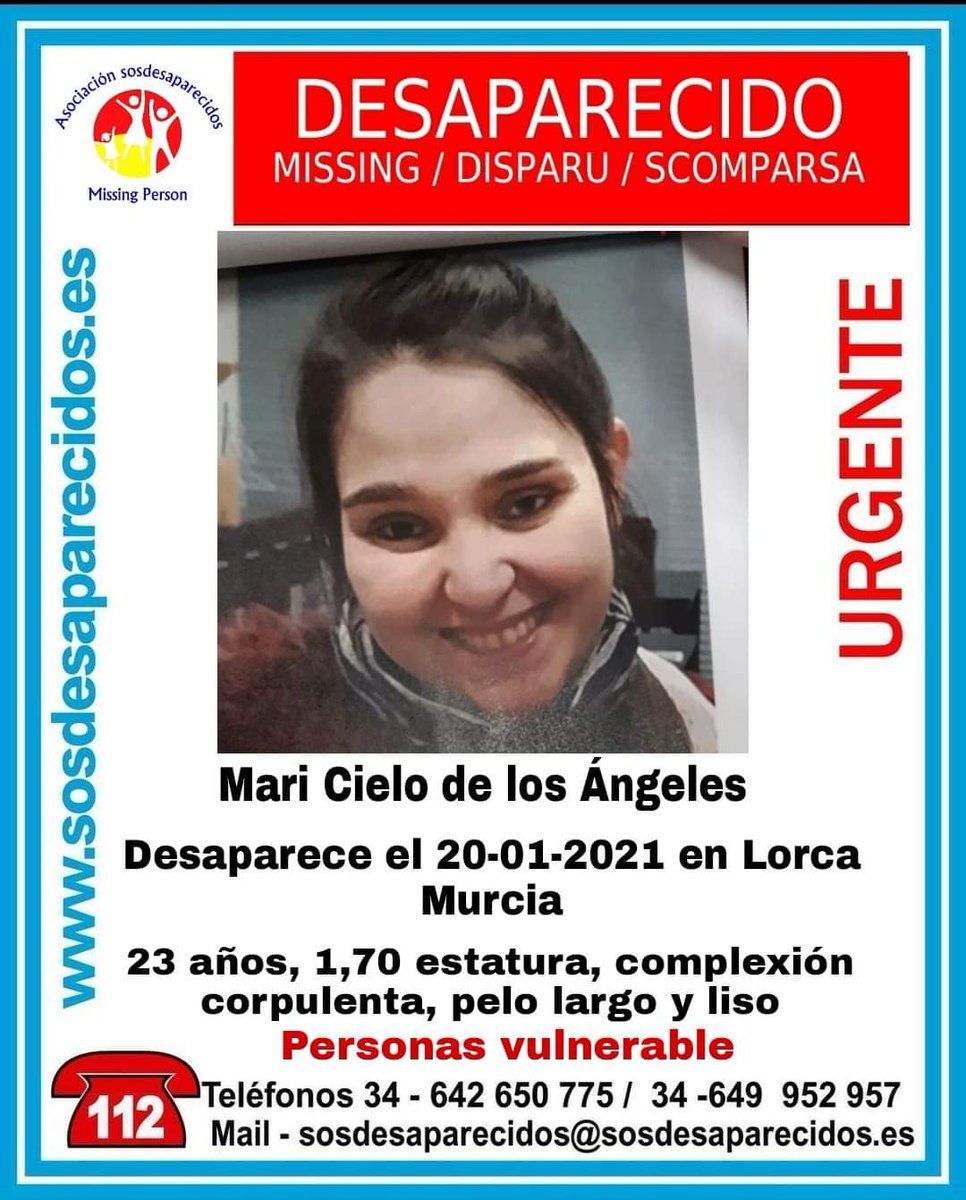 guardiacivil's tweet photo. 🆘#MuyUrgente⚠
Mari Cielo es una persona vulnerable que ha #desaparecido de una residencia en Lorca #Murcia

Ayúdanos, si la ves llama:
📱062
📱091
📱112

Tu RT no cuesta nada y puede ayudar mucho https://t.co/B0jBPFUJlO