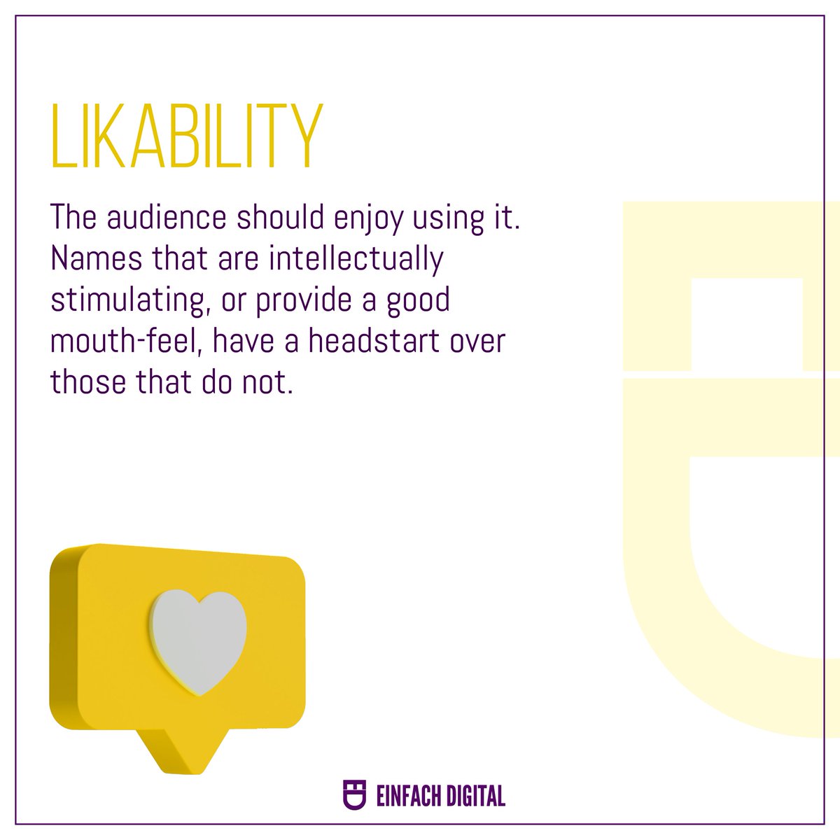 Einfach_digital's tweet photo. 2/2: What’s in a Name?

Your Brand name plays a major role in defining your company’s identity. The tone and words you choose say a lot about your brand’s personality.

Swipe to know the 7 Criteria for a great brand name ⏩

#einfachify #einfachdigital
#socialmediamarketingagency https://t.co/wCEfoy6jRc
