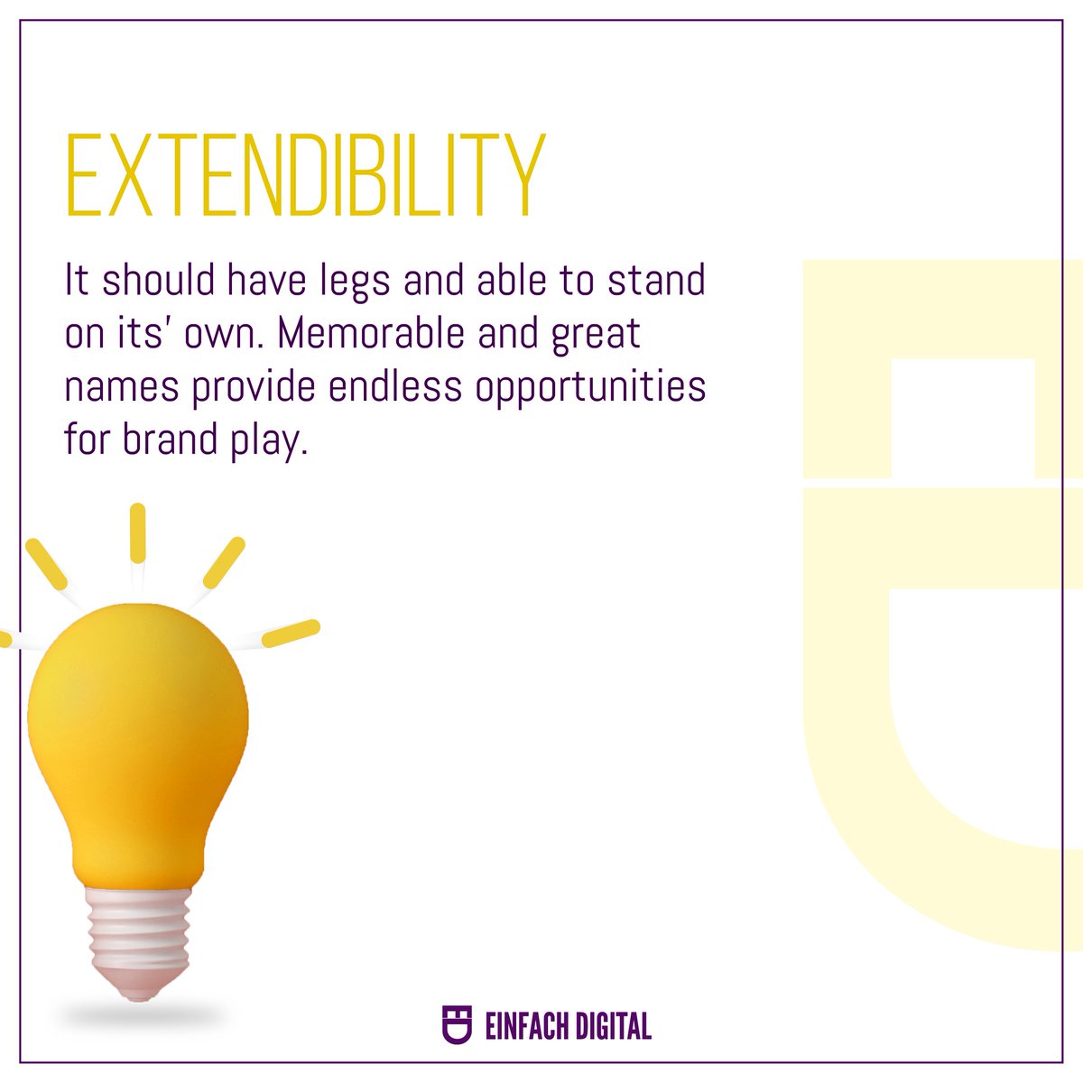 Einfach_digital's tweet photo. 2/2: What’s in a Name?

Your Brand name plays a major role in defining your company’s identity. The tone and words you choose say a lot about your brand’s personality.

Swipe to know the 7 Criteria for a great brand name ⏩

#einfachify #einfachdigital
#socialmediamarketingagency https://t.co/wCEfoy6jRc